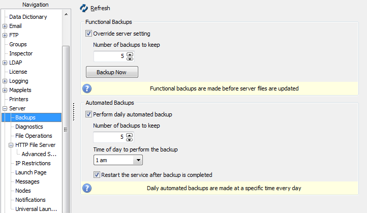 Backups screen showing various configuration options